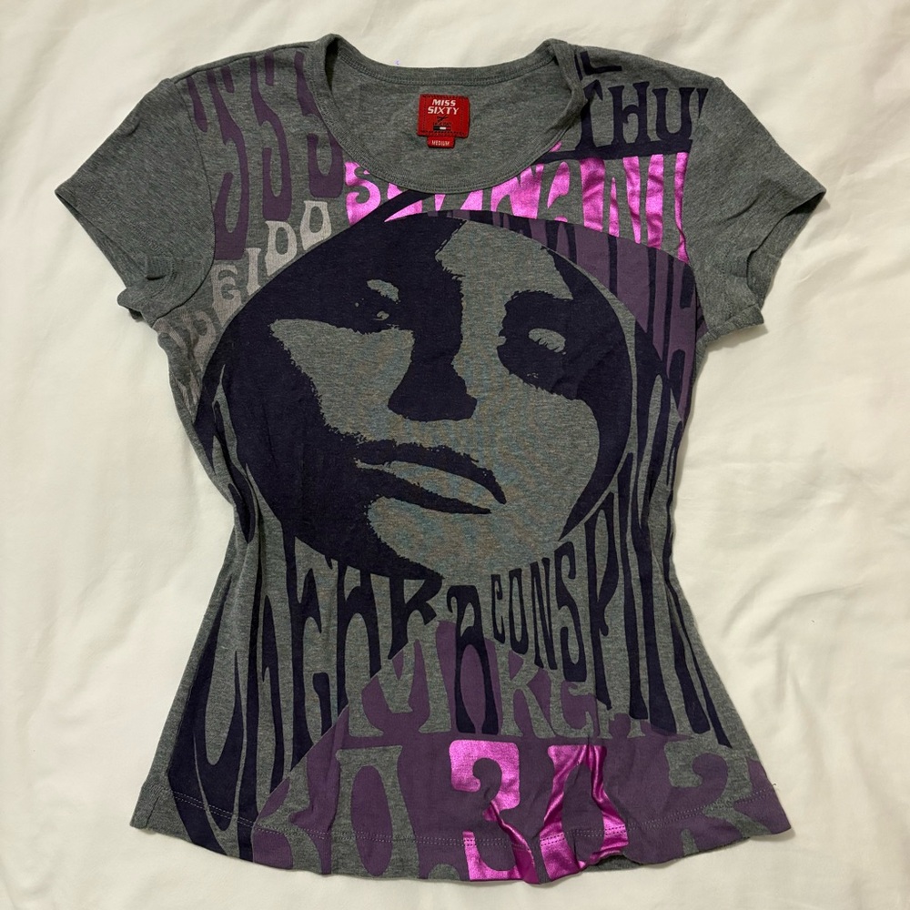 Miss Sixty Gray and Purple Graphic Baby Tee